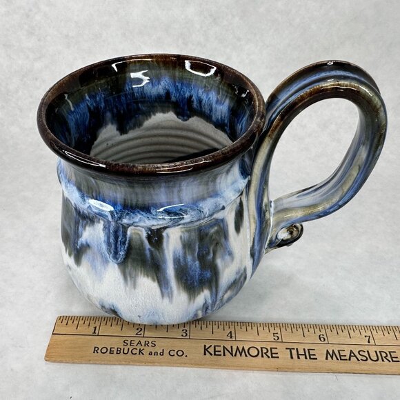 Hand Thrown Pottery‎ Mug Oversized Sculpted Handle Blue & Black Drip Glaze 16 Oz - Picture 11 of 13